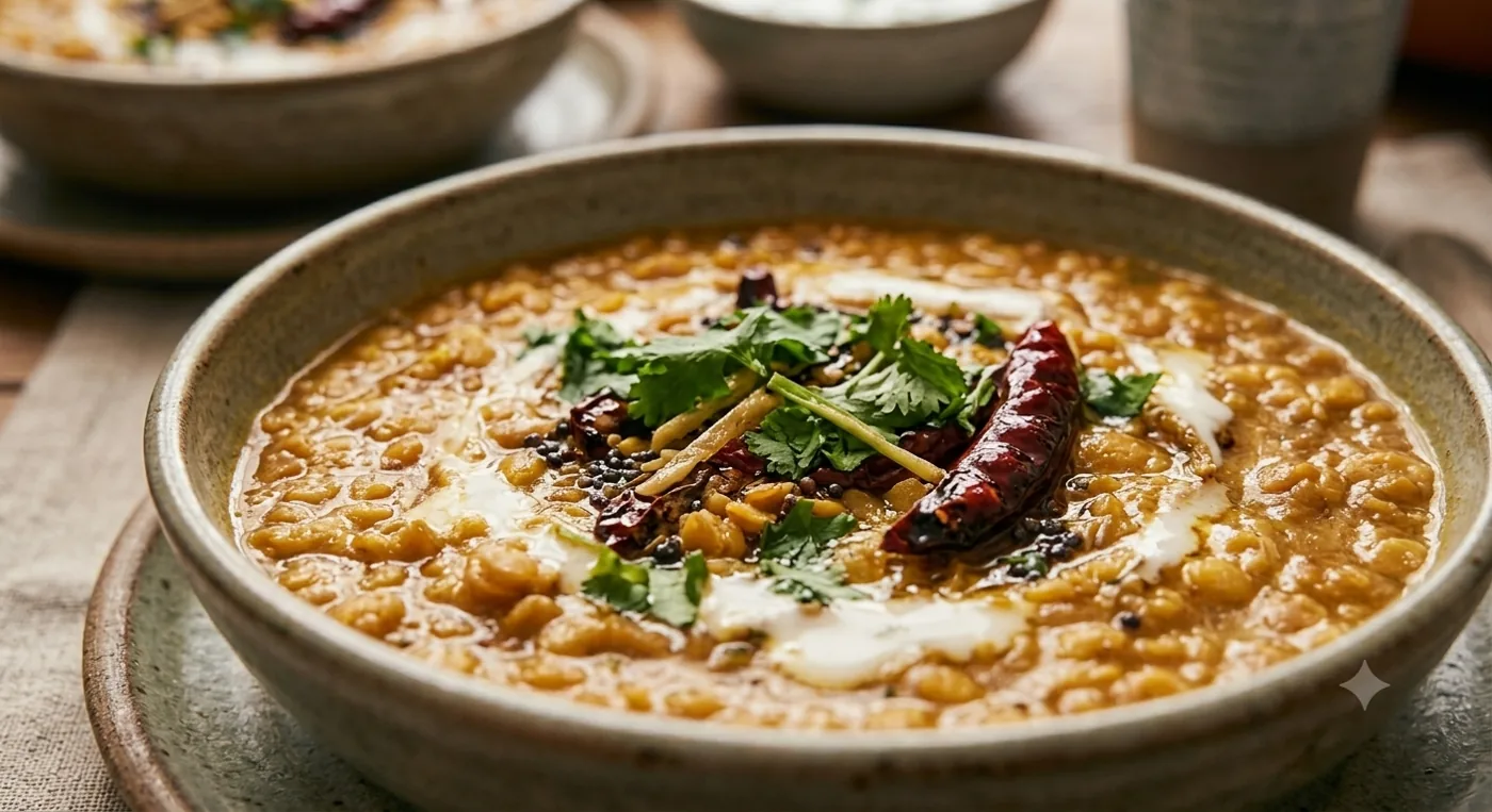 Krimidinner Essen: cremiges veganes Rote-Linsen-Dal, gut vorzubereiten und aufzuwärmen