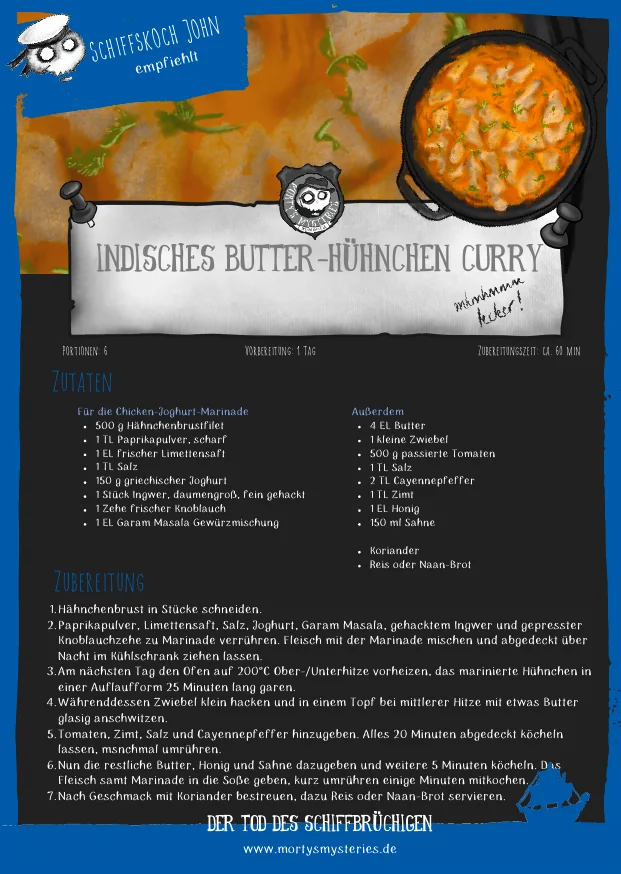 Handillustrierte Rezeptkarte: Indisches Butter-Hühnchen Curry aus dem Krimidinner Der Tod des Schiffbrüchigen