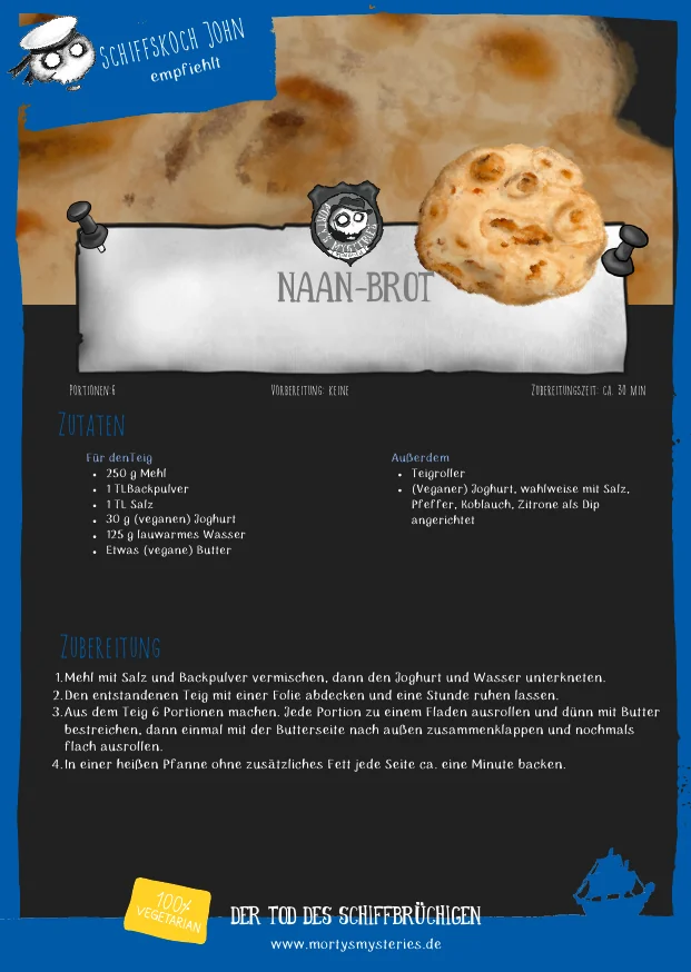 Handillustrierte Rezeptkarte: Naan-Brot aus dem Krimidinner Der Tod des Schiffbrüchigen