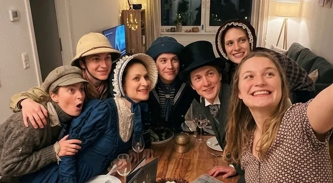 Krimidinner zum JGA: Gruppe in viktorianischen Kostümen beim Selfie am gedeckten Tisch