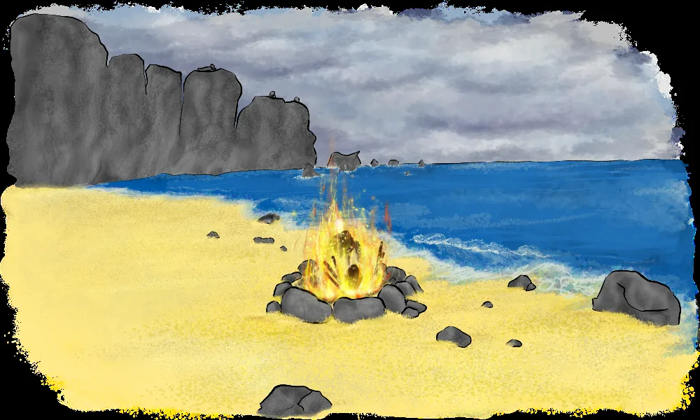 Schiffbruch im viktorianischen Zeitalter: einsame Insel mit Felsen und Lagerfeuer am Strand
