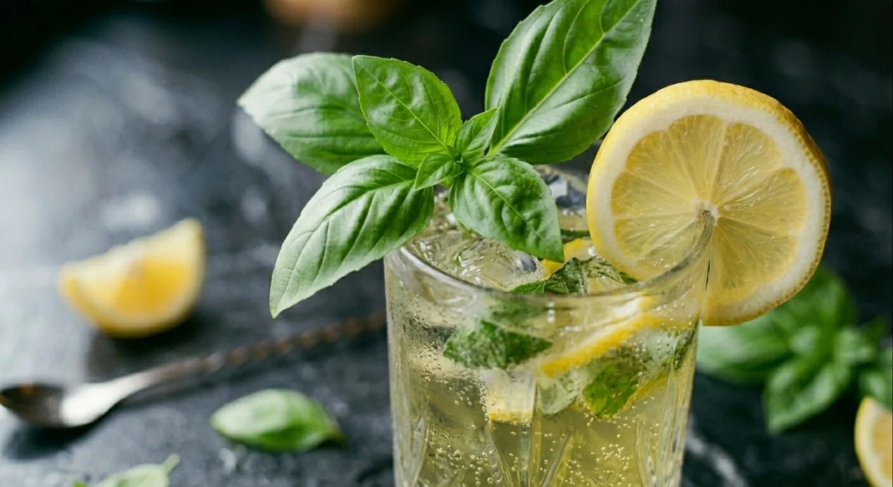 Tonic Basil Smash – alkoholfreier Sommerdrink mit Basilikum und Zitrone im hohen Glas