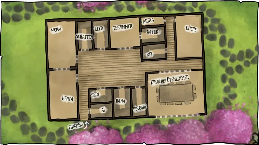Illustrierter Grundriss des Hauses mit allen Räumen der Verdächtigen
