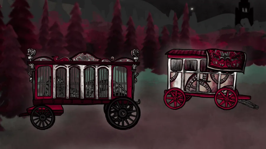 Zwei verzierte Zirkuswagen im nächtlichen Wald
