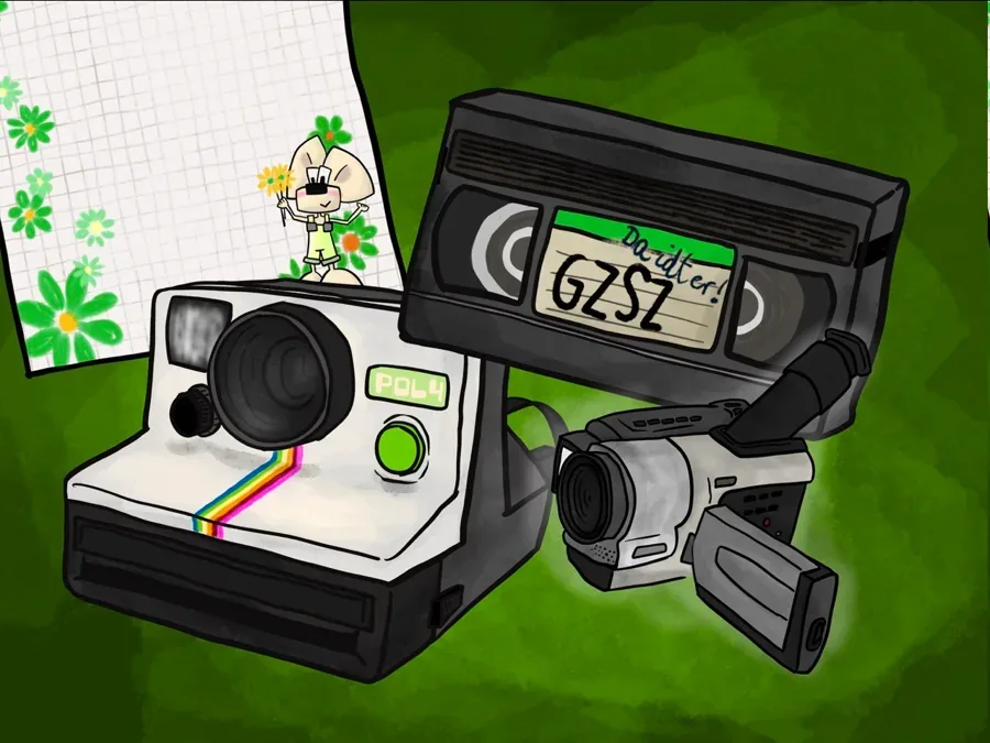 Retro-Medien: Polaroidkamera, VHS-Kassette und Camcorder
