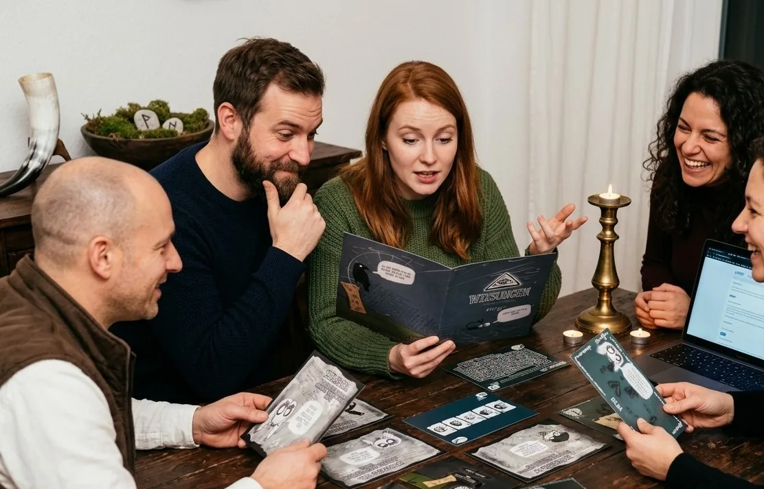 Mitspielende reagieren überrascht auf eine Hinweiskarte