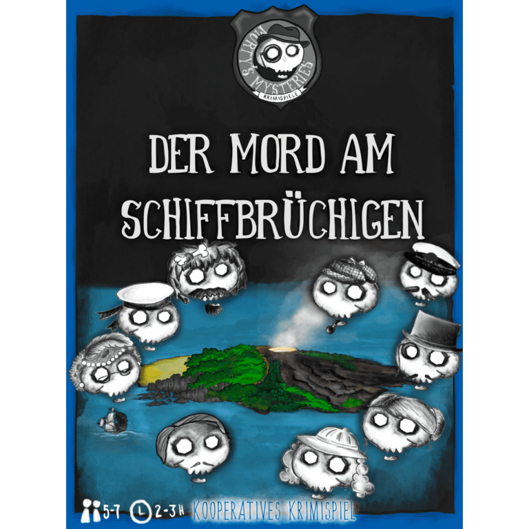 Kooperatives Krimispiel "Der Mord am Schiffbrüchigen". Oben in der Mitte das Logo von Morty's Mysteries, darunter 9 Köpfe die die Charaktere dastellen. Im Hintergrund Meer mit einer Insel, in deren Mitte ein Vulkan raucht, vorne rechts sinkt gerade ein kleines Schiff.